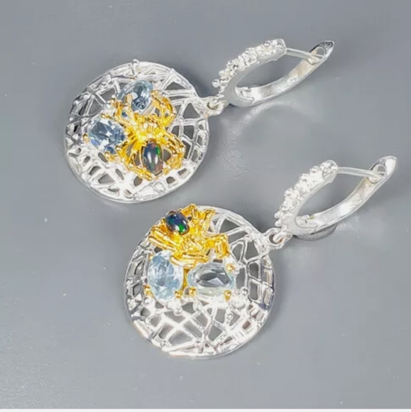 Black Opal & aquamarine sterling/gold spider earrings - Picture 5 of 11
